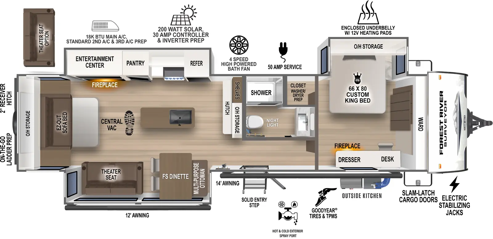 The Grand Surveyor 305RLBS floorplan has one entry and three slide outs. Exterior features include: fiberglass exterior, 16' & 11' awning and outside kitchen. Interiors features include: kitchen island, free-standing dinette option, front bedroom and rear living.